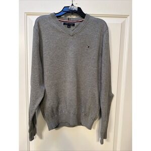 Tommy Hilfiger Sweater Cotton V-Neck, Logo On Chest Men's Size Small Gray